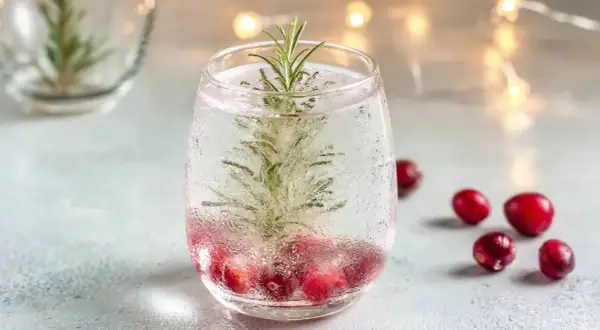 Ein erfrischender Snow Globe Cocktail mit Cranberries und Rosmarin, der wie ein winterlicher Zauber aussieht.