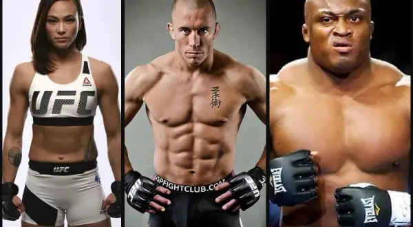 Three UFC fighters: a woman in flyweight gear, a muscular man in featherweight attire, and a powerful heavyweight.