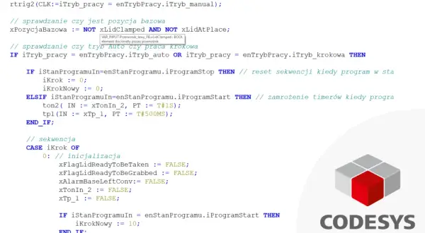 Fragment kodu w języku st, sprawdzający tryb pracy i inicjalizujący sekwencję.