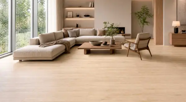 Salón moderno con sofá modular, mesa de centro de madera y suelo de micro mortero de tono claro.