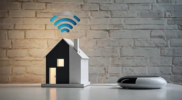 Model domu z zapalonymi oknami i drzwiami, nad którym unosi się symbol wi-fi. Obok stoi nowoczesny router.