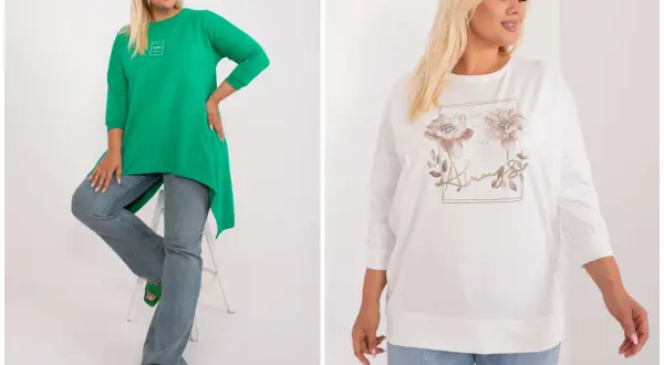 Dwie modelki plus size w bluzkach: zielonej asymetrycznej i białej z kwiatowym motywem.