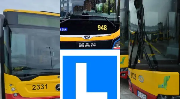 Trzy autobusy, jeden z nich z literą "L" na niebieskim tle. Może to symbol nauki jazdy autobusem w Koninie lub Łodzi.
