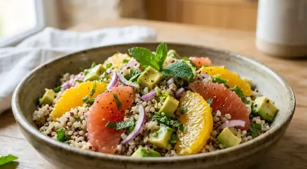 Salade quinoa colorée avec pamplemousse, orange, avocat et menthe fraîche. Un plat léger et savoureux.