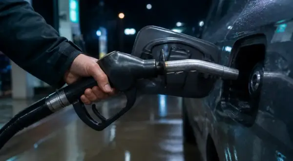 Main tenant une pompe à essence pour remplir ma voiture. Je me demande si je prends du e5 ou du e10 pour ma voiture.