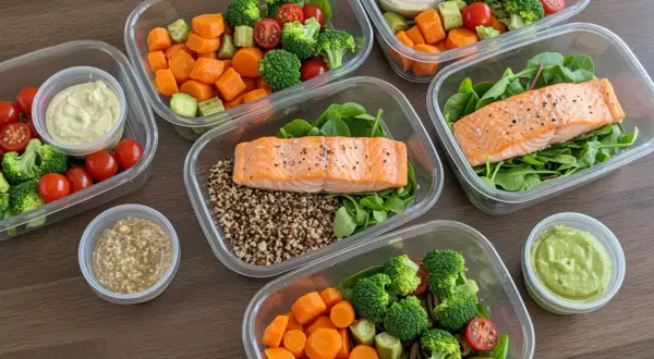 Preparación de comidas para un menú saludable semanal: salmón, quinoa, brócoli, zanahorias y aderezos.
