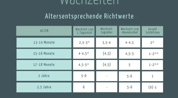 Tabelle zeigt altersentsprechende Wachzeiten für Babys und Kleinkinder, von 13 Monaten bis 2,5 Jahren.