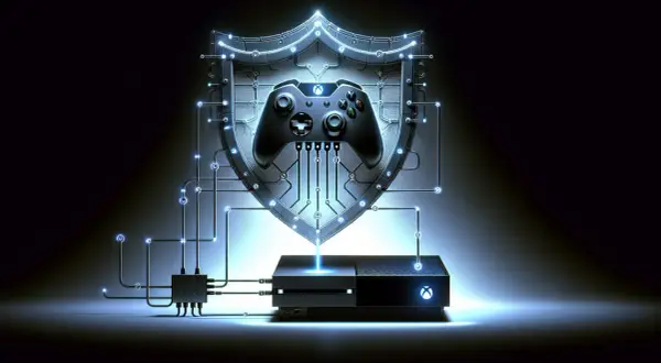 Xbox z kontrolerem i tarczą ochronną połączone obwodami.