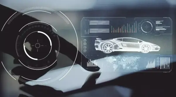 Interfaz futurista con un coche en 3D y gráficos, mostrando el desarrollo de sistemas de seguridad coche.
