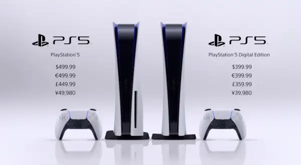Zwei PS5-Konsolen, eine Standard und eine Digital Edition, mit Preisen für den PS5 Release.