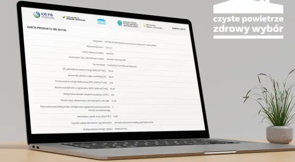 Karta produktu WE-801150 z danymi o wentylacji, wskazująca na możliwość uzyskania dotacji na ekologiczne rozwiązania.