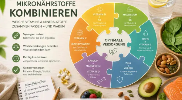 Eisen und Vitamin C kombinieren für Energie. Die Grafik zeigt, wie Mikronährstoffe optimal kombiniert werden.