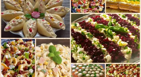 Kolekcja 4 wypróbowane sałatki: muszle faszerowane, tortellini z suszonymi pomidorami, makaron z szynką i kukurydzą, sałatka z buraków i jajka.