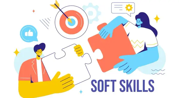 Zwei Personen fügen Puzzleteile zusammen, um das Konzept der Soft Skills zu veranschaulichen. Ein Daumen-hoch-Symbol und ein Zielscheiben-Symbol sind ebenfalls zu sehen.