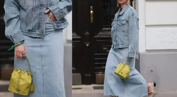 Stylowa spódnica jeansowa i kurtka tworzą modny total look. Idealne stylizacje zima dla miłośniczek denim.