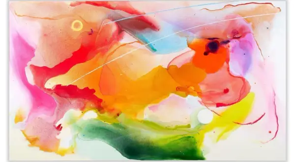 Vibrant, fluid colors swirl in an abstract composition, reminiscent of the bold strokes of expressionist artists.