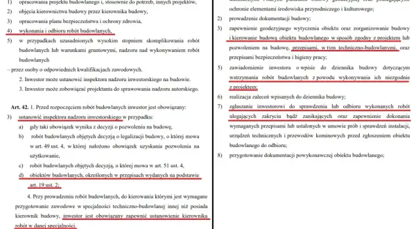 Fragment tekstu prawnego dotyczący obowiązków inwestora i kierownika budowy, w tym zagubiony dziennik budowy.