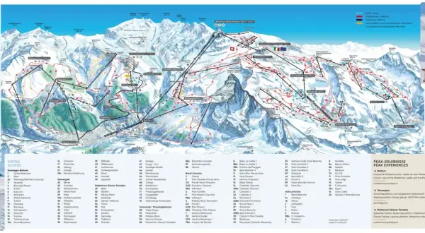 Mapa tras narciarskich z widokiem na Matterhorn od strony włoskiej. Obejmuje trasy, wyciągi i punkty widokowe.