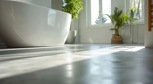 Solen lyser upp ett modernt badrum med fristående badkar och växter. Golvet är av microcement på våtrumsmatta, vilket ger en stilren och hållbar yta.