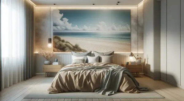 Beruhigendes Schlafzimmer mit Strandmotiv-Wandbild. Helle Farben und natürliche Materialien schaffen eine entspannte Atmosphäre – tolle Schlafzimmer Ideen.