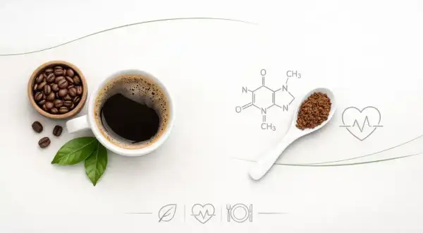 Kawa, ziarna, liście i wzór chemiczny kofeiny. Co to jest kofeina? To pobudzający związek obecny w kawie, który wpływa na nasze samopoczucie.