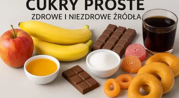 Jabłko, banany, miód, cukier, czekolada, pączki, żelki i napój. Różne źródła cukrów prostych – zdrowe i niezdrowe.