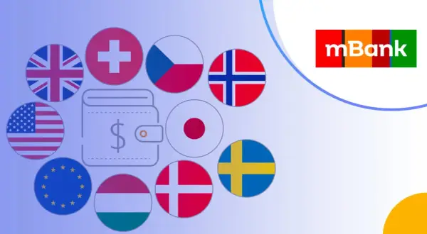 mbank konto walutowe: portfel z symbolem dolara otoczony flagami USA, UK, Szwajcarii, Czech, Norwegii, Japonii, Danii, Szwecji, Węgier i UE.
