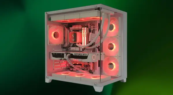 Ein weißer PC mit vielen roten Lüftern, der eine optimale pc airflow simulation ermöglicht.