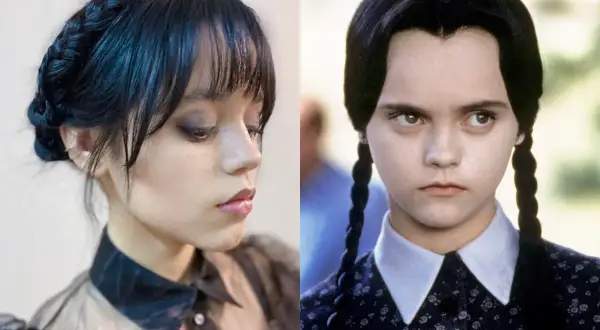 Dwie wersje ikonicznej fryzury Wednesday Addams: nowoczesna stylizacja z warkoczem i klasyczna peruka z dwoma warkoczami.