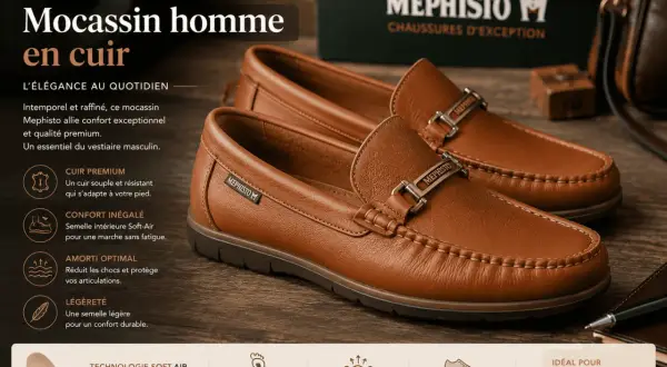 Mocassins homme Mephisto en cuir marron, avec une semelle en cuir souple et une semelle intérieure Soft-Air pour un confort optimal.