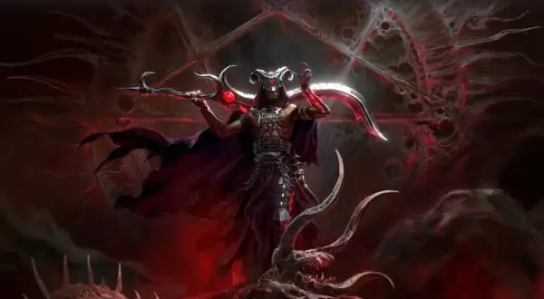 Mroczna postać z rogami i kosą, otoczona demonami i krwistą poświatą. Najnowsze diablo 4 news.