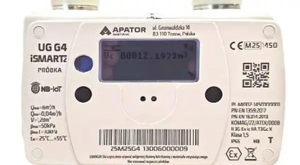 Nowoczesny licznik gazu APATOR iSMARTZ UG G4 z modułem NB-IoT, gotowy do pge przekazania licznika. Wyświetla zużycie gazu.