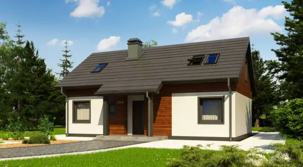 Nowoczesny domek 5x7 z poddaszem, z drewnianą elewacją i dużymi oknami, otoczony zielenią.
