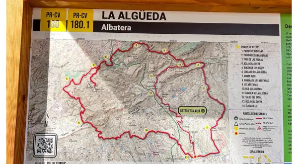 Mapa de senderismo de La Algüeda, Albatera. Muestra la ruta PR-CV 180 y 180.1, con puntos de interés y directrices para llegar.