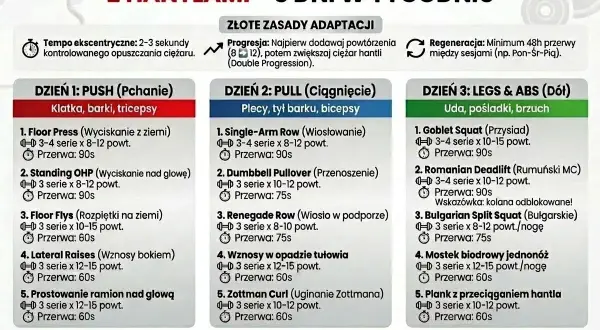 Plan treningowy PPL (Push, Pull, Legs) z hantlami na 3 dni. Dzień 1: Pchanie (klatka, barki, tricepsy). Dzień 2: Ciągnięcie (plecy, barki, bicepsy). Dzień 3: Nogi i brzuch.