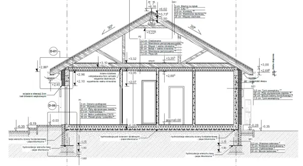 Przekrój budynku z detalami konstrukcyjnymi, uwzględniający warstwy izolacji i materiałów. Projekt architektoniczno budowlany.