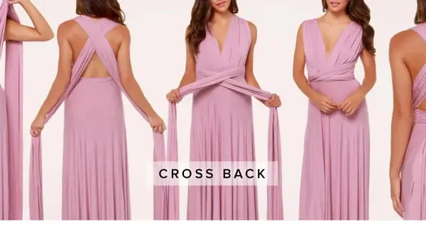 Instrukcja krok po kroku, jak wiązać sukienkę kopertową z efektem "cross back". Pięć ujęć pokazuje różne etapy tworzenia stylizacji.