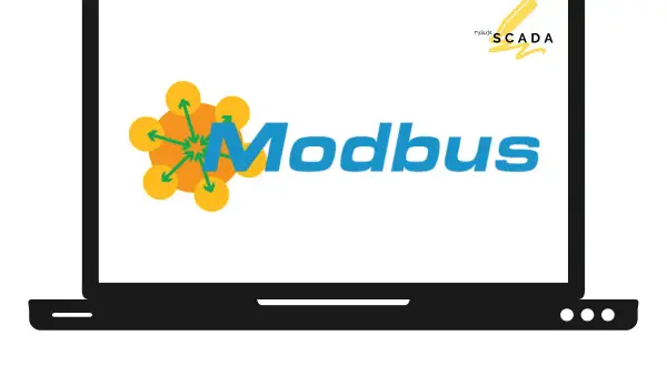 Laptop z logo Modbus i napisem "rysuje SCADA". Program do komunikacji Modbus RTU.