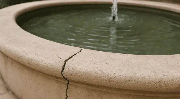 Bassin de fontaine en pierre avec une fissure visible. Une question se pose : comment étancheifier un bassin pour éviter les fuites ?