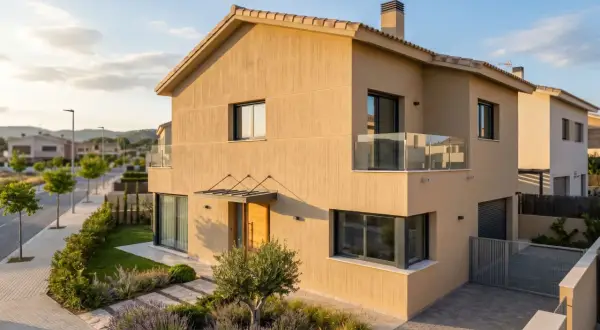 Fachadas de casas monocapa en tonos tierra, con jardín frontal y entrada de madera.