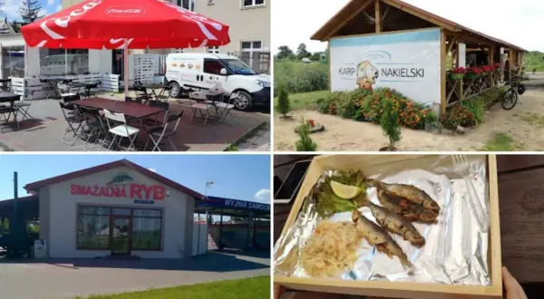 Smażalnia ryb Gostomka oferuje świeże ryby z frytkami i surówką. Widać też budynek smażalni i stoliki na zewnątrz.
