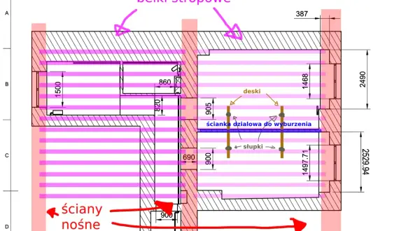 Rysunek techniczny stropu dz 3 z belkami stropowymi, ścianami nośnymi i ścianką działową do wyburzenia.