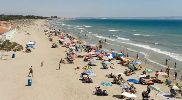 Gente disfrutando de un día soleado en las playas de la marina, con sombrillas de colores y el mar azul de fondo.