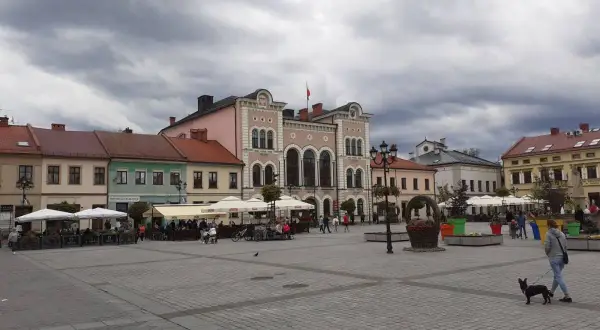 Spacer po żywiec rynek z psem. W tle kamienice i kawiarniane ogródki.
