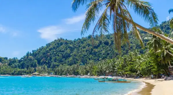 Paradiesische Bucht mit Palmen, türkisfarbenem Wasser und Booten – ideale **Backpacker Reiseziele** für Abenteuerlustige.