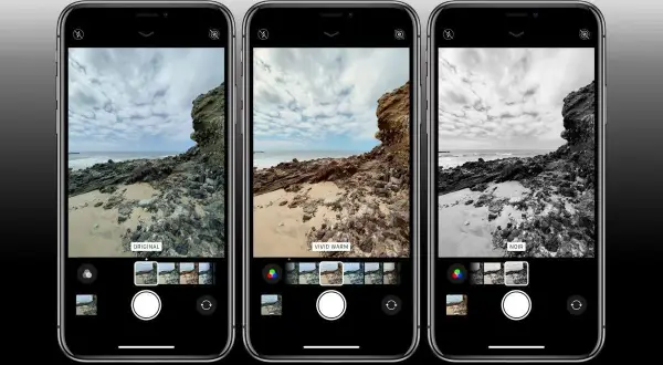 Zobacz, jak włączyć filtry w iPhone, porównując oryginalne zdjęcie z wersjami "Vivid Warm" i "Noir". Wybierz najlepszy efekt dla swojej fotografii.