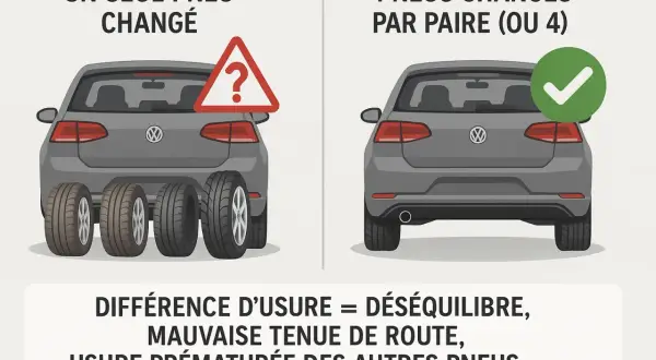 Illustration montrant qu'il ne faut pas changer un seul pneu. Le changement par paire (ou 4) assure l'équilibre et la sécurité.