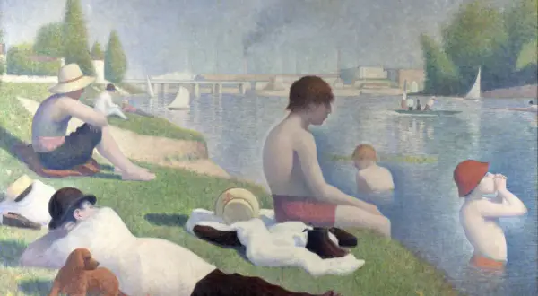 Letni dzień nad rzeką, ludzie odpoczywają na trawie i w wodzie. Charakterystyczne dla **Georges Seurat dzieła** malowanie punktami.