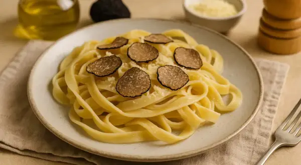 Tagliatelle z tartą truflą i parmezanem, pachnące oliwą z oliwek. Pyszny makaron z truflami.