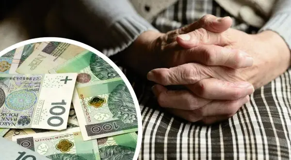 Dłonie starszej osoby splecione na kolanach, obok stos banknotów 100 zł. Symbol wsparcia finansowego, jak 500 plus dla niepełnosprawnych.